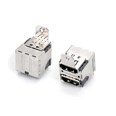 雙層HDMI DIP三排 帶定位柱,LCP黑膠半金GF 外殼不銹鋼,有耳7.2mm無(wú)柱